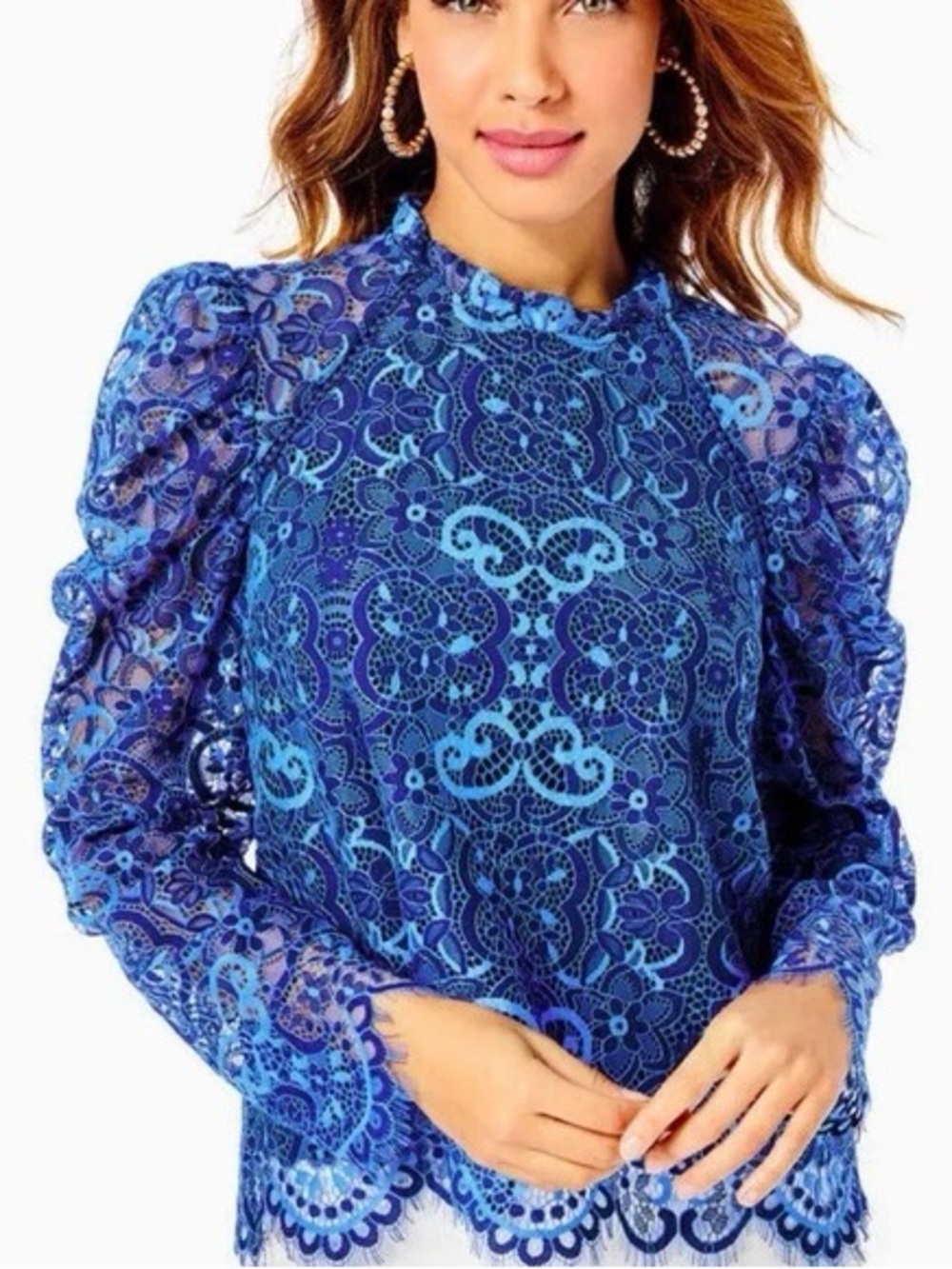NWT Lilly Pulitzer Boca Blue Averi Long Sleeve Lace Blouse M